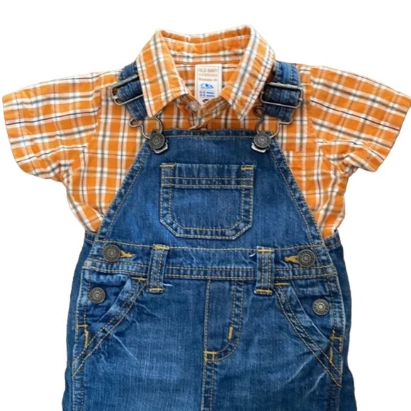 2-Piece Old Navy Denim Overalls and Plaid Button-Front Shirt 0-3 Months - Picture 3 of 12